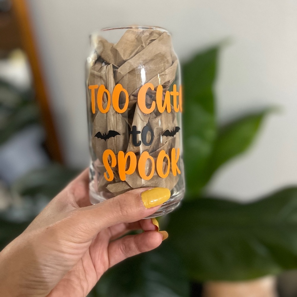 Orange too cute to Spook bat Libbey glass can